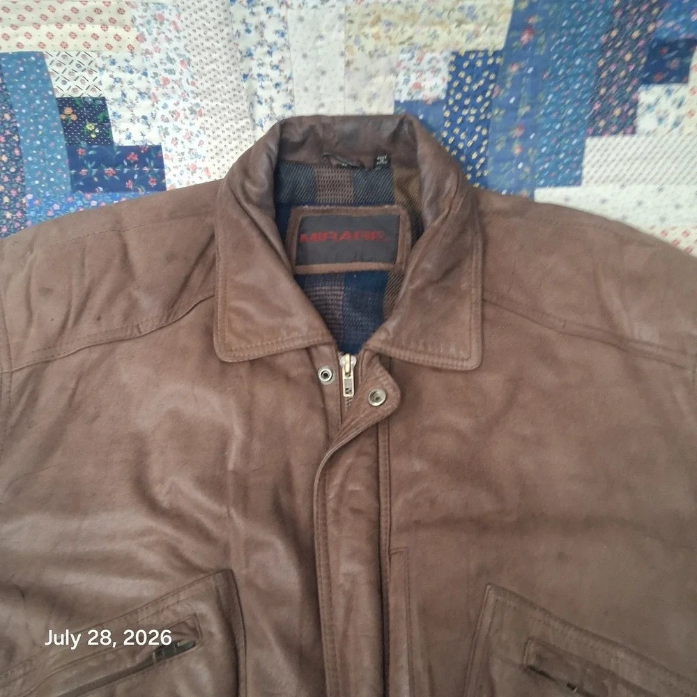 Vintage Mirage Leather Bomber Jacket Mens Large Brown Flannel Lined Multi pocket